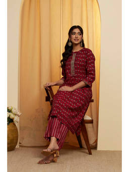 Biba - Maroon Printed Round Neck Kurta & Pant