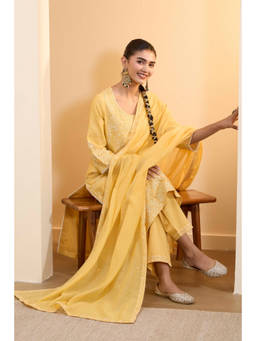 Biba - Yellow Embroidered Round Neck Kurta Pant with Dupatta