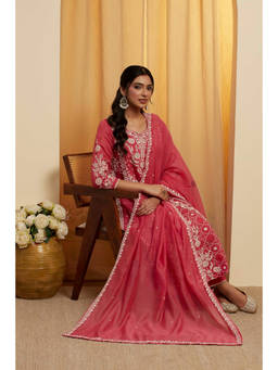 Biba - Pink Embroidered Round Neck Kurta Inner & Pant with Dupatta