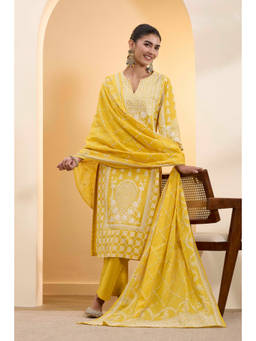 Biba - Yellow Embroidered Round Neck Kurta Pant with Dupatta