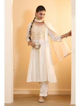 Biba - White Embroidered Round Neck Kurta Pant with Dupatta