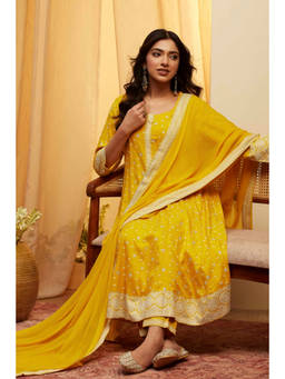 Biba - Yellow Printed Round Neck Anarkali Kurta Pant with Dupatta