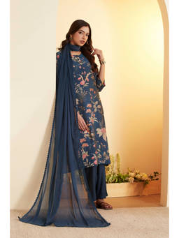 Biba - Blue Floral Round Neck Kurta Pant with Dupatta