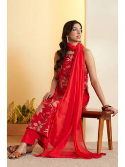 Biba - Red Floral Shoulder Straps Kurta Pant with Dupatta