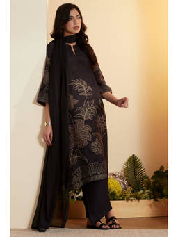 Biba - Black Embroidered Round Neck Kurta Pant with Dupatta