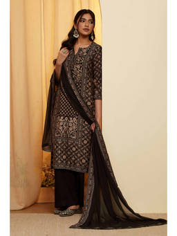 Biba - Black Floral Round Neck Kurta Pant with Dupatta