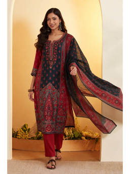 Biba - Maroon Printed Round Neck Kurta Inner & Pant with Dupatta