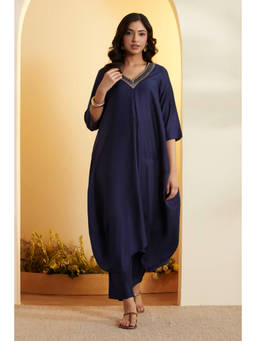 Biba - Blue Embroidered V-Neck Kurta & Pant
