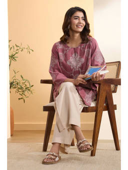 Biba - Pink Floral Round Neck Kurti & Palazzo
