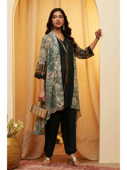 Biba - Black Floral V-Neck Shrug Inner & Pant with Necklace