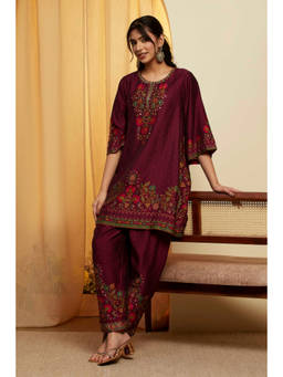Biba - Maroon Floral Round Neck Kurti & Pant
