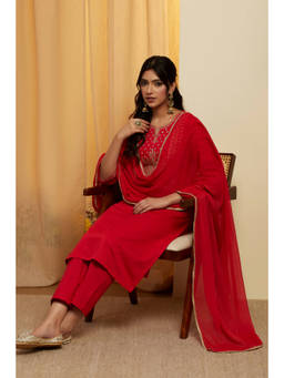Biba - Red Embroidered Round Neck Kurta Pant with Dupatta