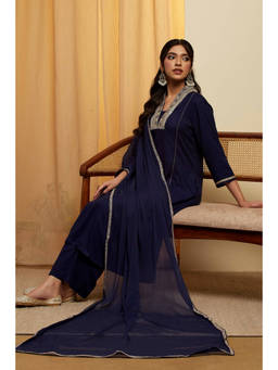 Biba - Blue Embroidered V-Neck Kurta Pant with Dupatta