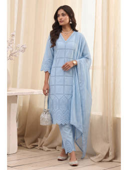 Biba - Blue Embroidered V-Neck Kurta Pant with Dupatta