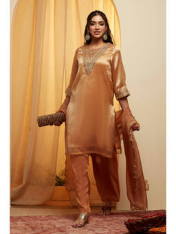 Biba - Gold Solid/Plain Round Neck Kurta Pant with Dupatta