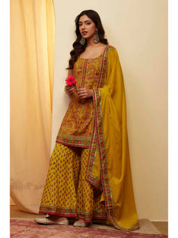 Biba - Yellow Printed Scoop Neck Kurti & Sharara with Dupatta