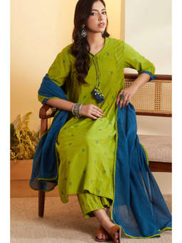 Biba - Green Woven Tie Up Neck Kurta & Pant