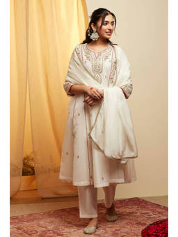 Biba - White Embroidered Round Neck Kurta Pant with Dupatta