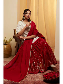 Biba - Red Embroidered Round Neck Top Lehenga with Dupatta