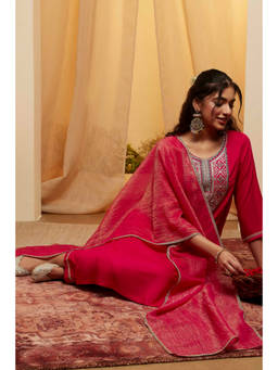 Biba - Pink Embroidered Round Neck Kurta Pant with Dupatta