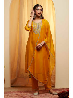 Biba - Yellow Embroidered Round Neck Kurta Pant with Dupatta