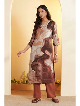Biba - Brown Tie & Dye Round Neck Kurta & Pant