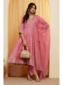 Biba - Pink Embroidered V-Neck Kurta Pant with Dupatta