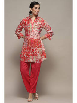 Biba - Pink Printed Collar Neck Kurti