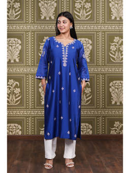 Fibre world - Blue Embroidered Round Neck Kurta & Pant
