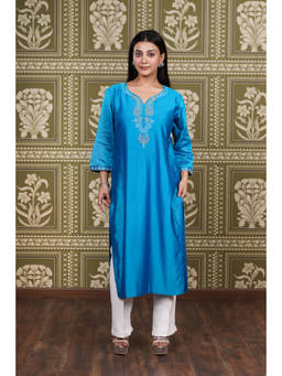 Fibre world - Blue Embroidered Round Neck Kurta & Pant