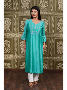 Fibre world - Blue Embroidered V-Neck Kurta & Pant