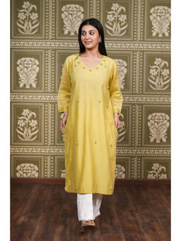 Fibre world - Yellow Embroidered V-Neck Kurta & Pant