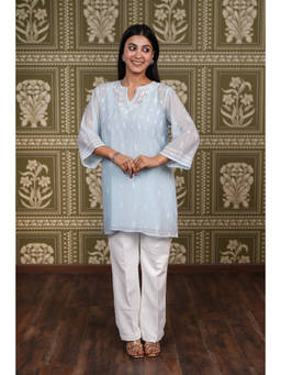 Fibre world - Blue Embroidered Round Neck Kurti & Pant