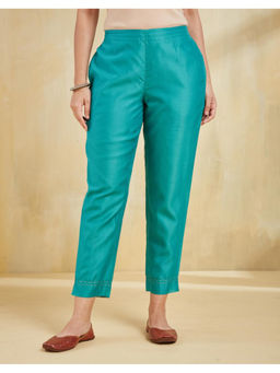 Fabindia - Turquoise Cotton Silk Embroidered Ethnic Pant