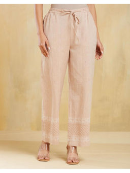 Fabindia - Beige Cotton Chikankari Slim Fit Casual Pant