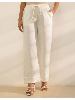 Fabindia - Off White Cotton Chikankari Slim Fit Casual Pant