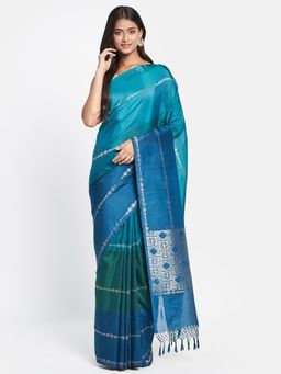 Fabindia - Blue Silk Blend Woven Saree without Blouse