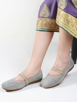 Gahan - Glitter Ballerina Flats with Embellished Strap - Grey