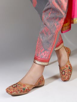 Gahan - Elegant Embroidered Ethnic Jutti with Floral Detailing - Tan