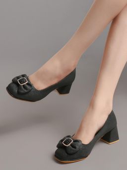 Gahan - Elegant Black Party Block Heels for Women with Bow and Buckle Detail - Black