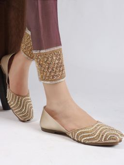Gahan - Elegant Embellished Flat Jutti with Pearl and Crystal Detailing for Women - Copper