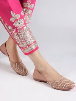 Gahan - Elegant Embellished Flat Jutti with Pearl and Crystal Detailing for Women - Peach