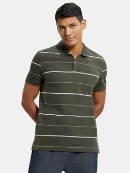 Jockey - UM15 Men Cotton Striped Polo T-Shirt - Deep Olive and Ecru