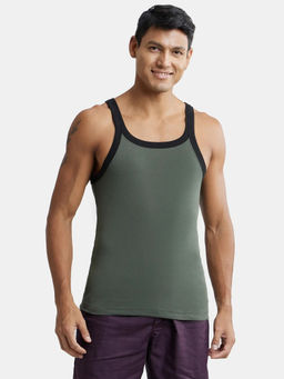 Jockey - US27 Men Cotton Rib Square Neck Gym Vest - Deep Olive with Assorted Bias