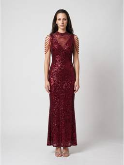 NIYARA INDIA - Aarunya Sequin High-Neck Evening Dress with Beaded Shoulder Chains