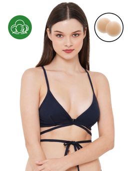 Inner Sense - Navy Blue Organic Cotton Plunge Bra with Silicon Nipple Cover (Set of 2)