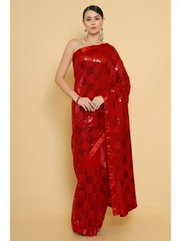 Soch - Red Sequins Georgette Checkered Saree with Unstitched Blouse