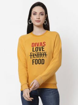 Club York - Women Yellow Black Printed Cotton Sweatshirt