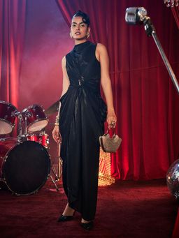 House of Fett - Grace Drape Gown With Buckle Belt - Black