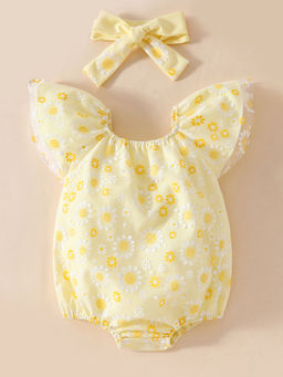 Hopscotch - Yellow Floral Ruffled Onesie with Headband
